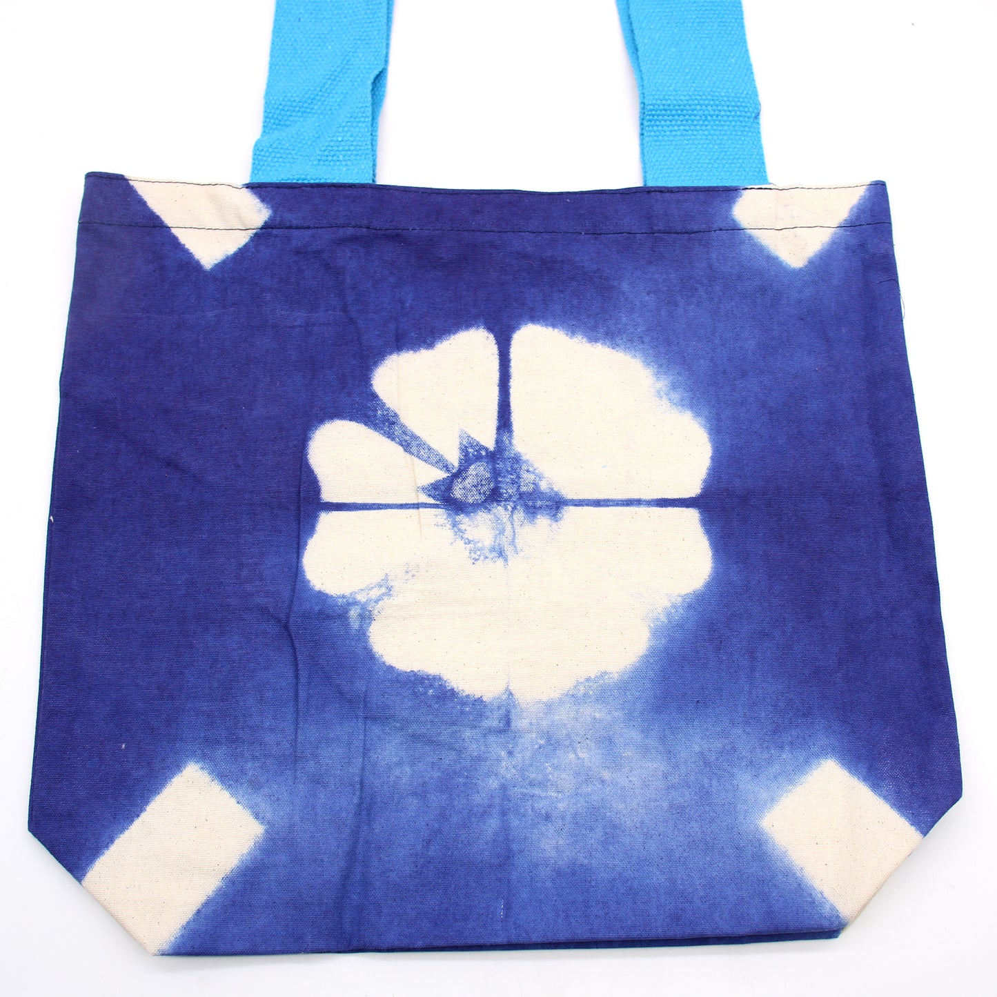 Natural Tye-Dye Cotton Bag (8oz) - 38x42x12cm - Blue Flower - Blue Handle