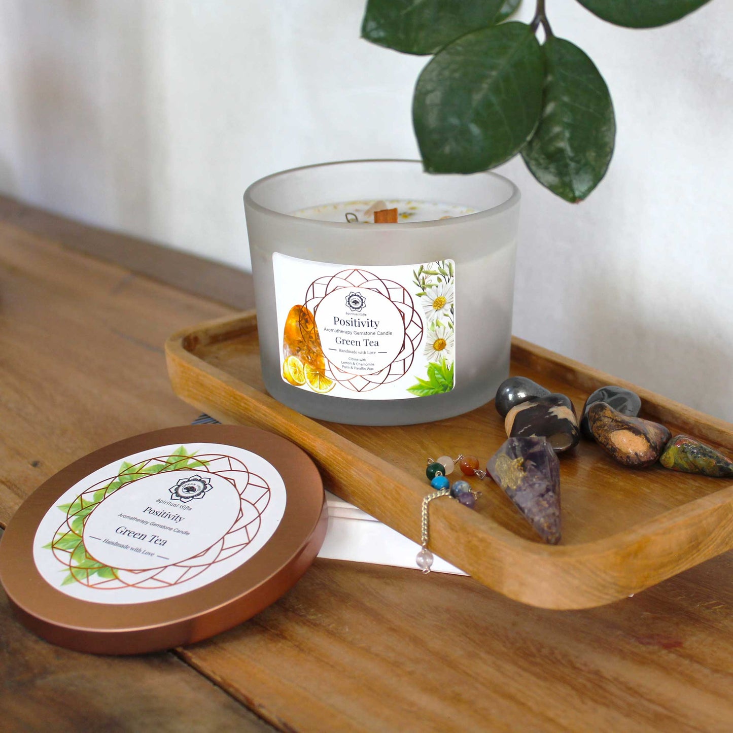 Green Tea and Citrine Gemstone Candle - Positivity