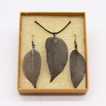 Necklace & Earring Set - Bravery Leaf - Pewter