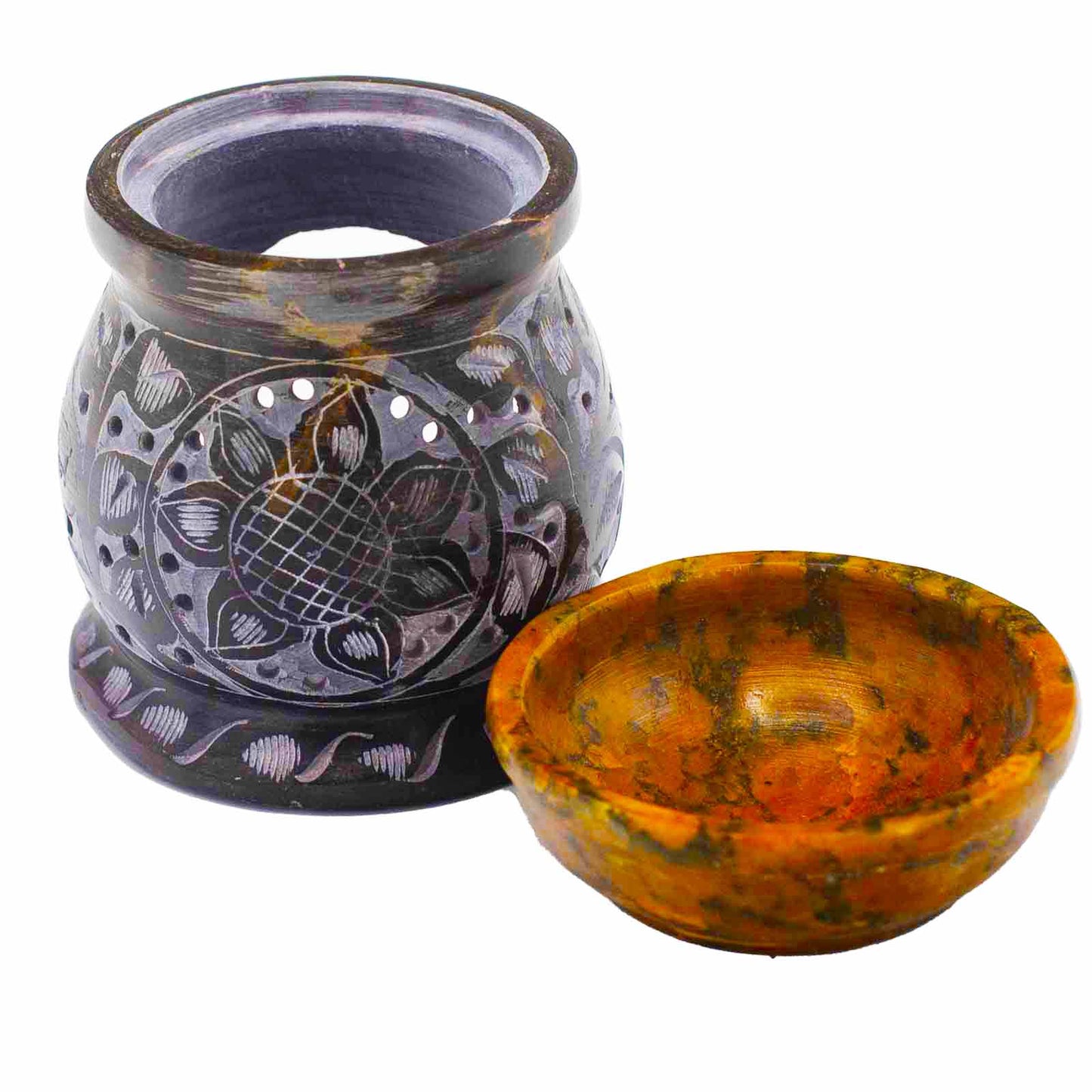 Soapstone Oil Burner 10cm - Mandala Flower - Black & Yellow