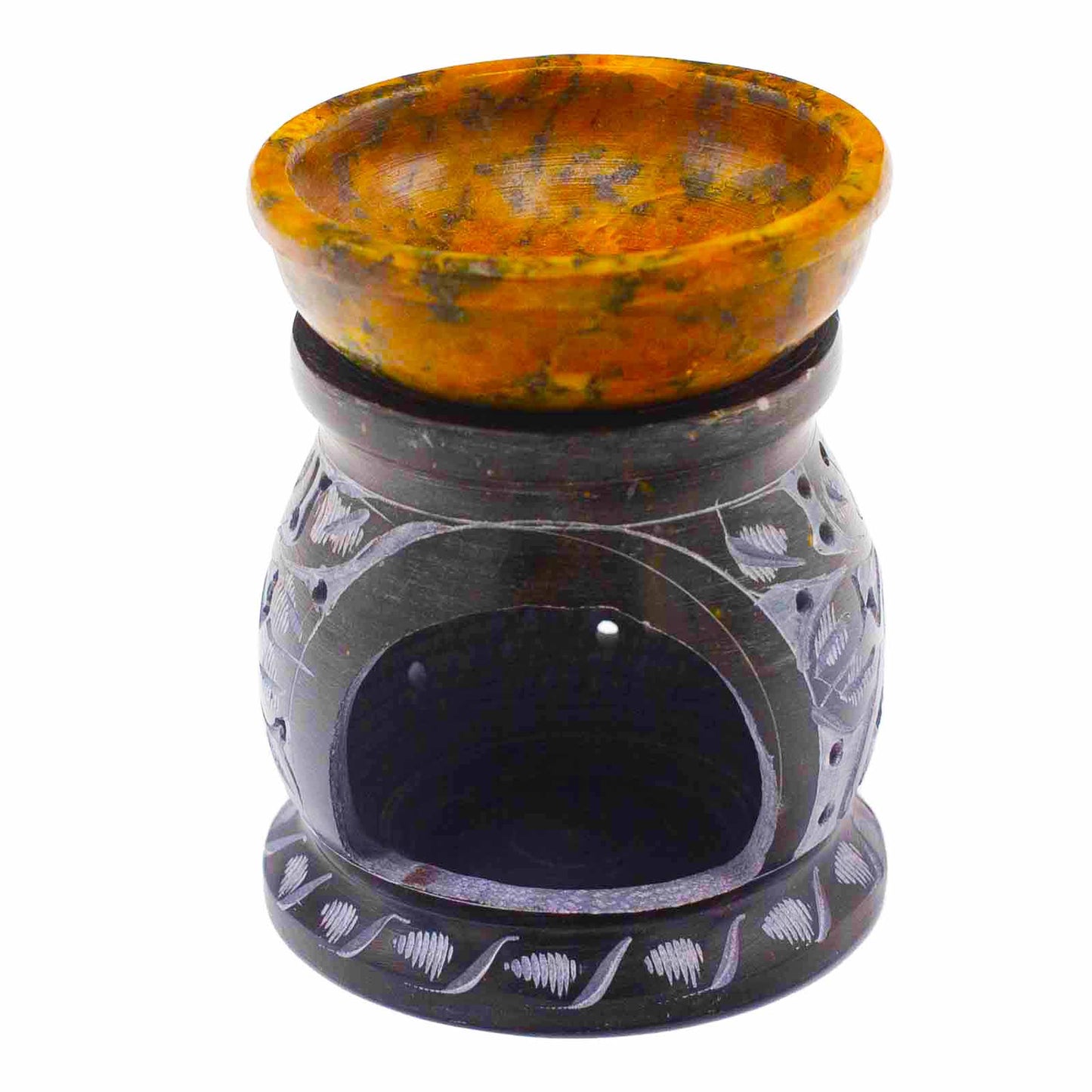 Soapstone Oil Burner 10cm - Mandala Flower - Black & Yellow