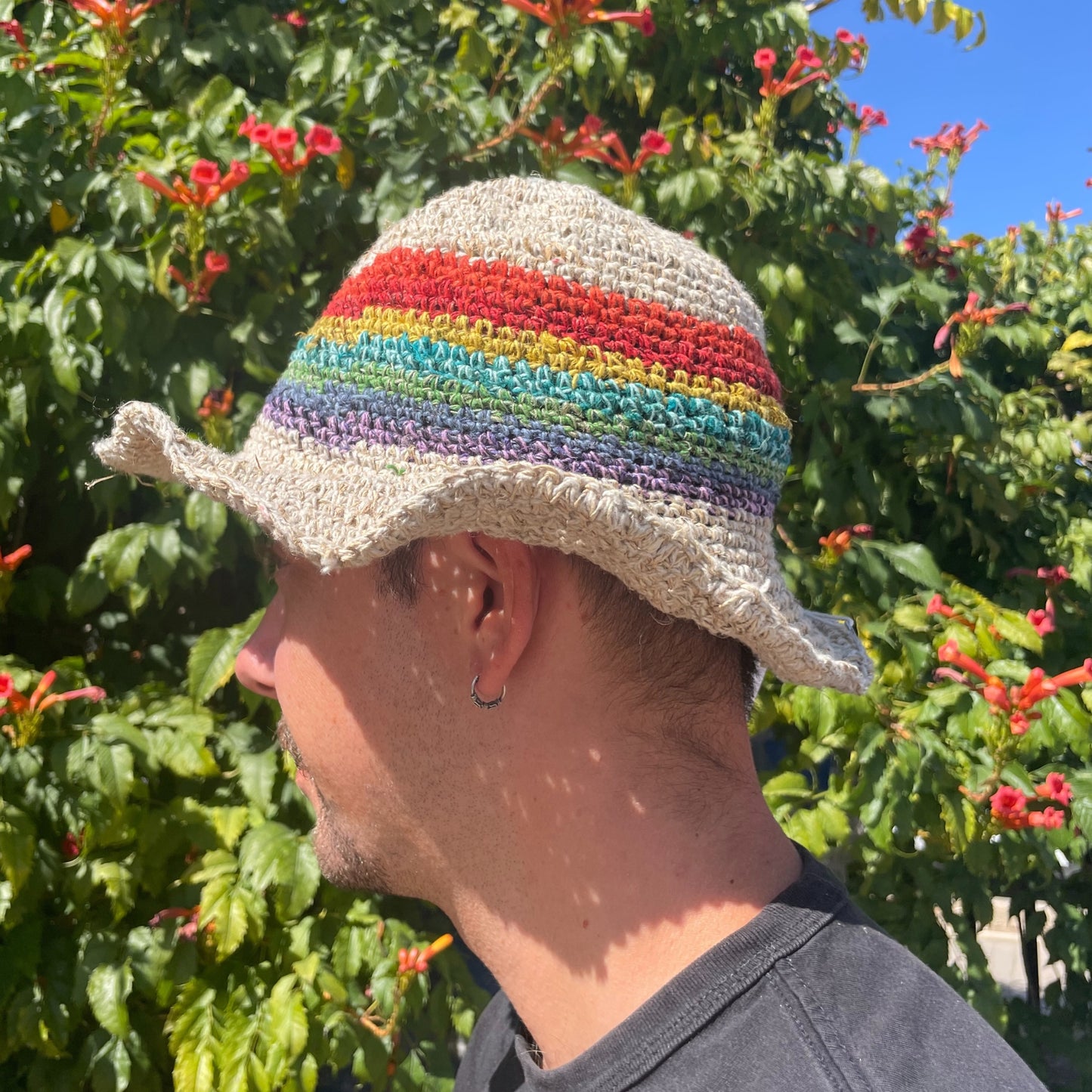 Hand-Knited Hemp & Cotton Boho Festival Hat - Rainbow