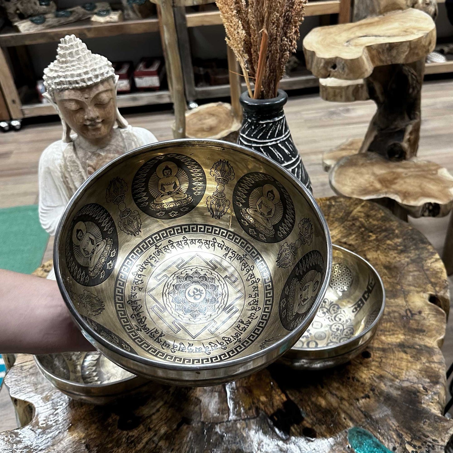 Tibetan Healing Engraved Bowl - 21cm - Om & Buddha