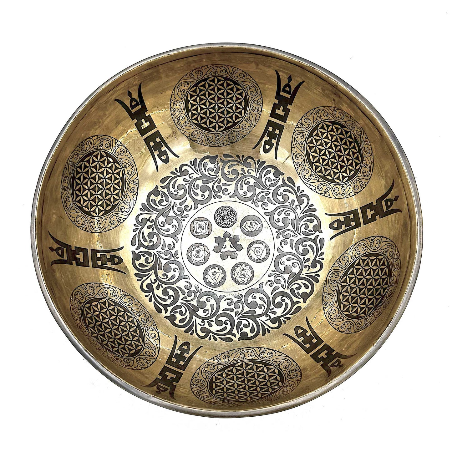 Tibetan Healing Engraved Bowl - 21cm - 7 Chakra & Flower of Life