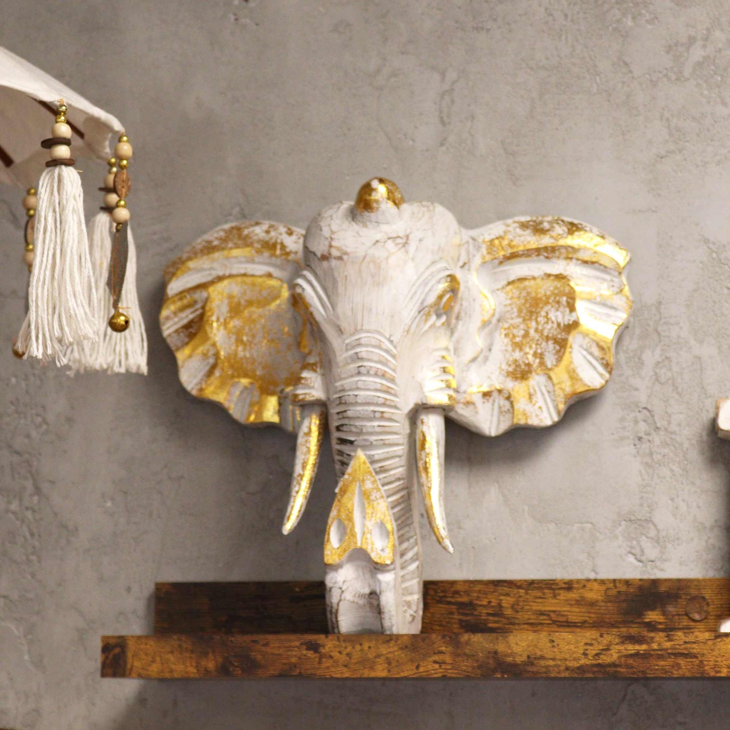 Large Elephant Head - Gold & Whitewash