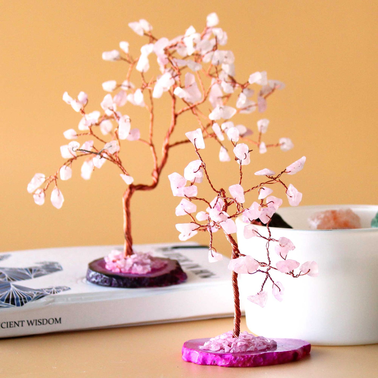 Gemstone Tree - Rose Quartz on Pink Agate Base (35 stones)