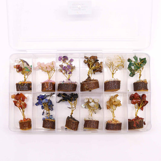 Box of 12 Mini Gemstone Trees On Wood Base - Assorted Mix (15 stones)