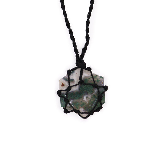 Laced Gemstone Hexagon Pendant - Green Moss Agate