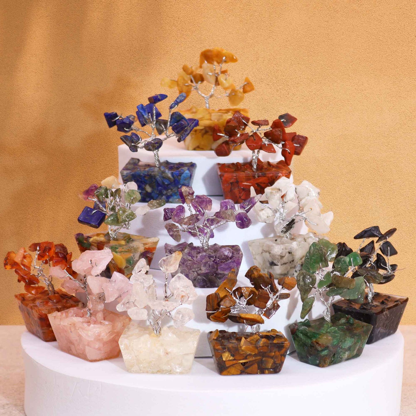 Box of 12 Mini Gemstone Trees On Orgonite Base - Assorted Mix (15 stones)