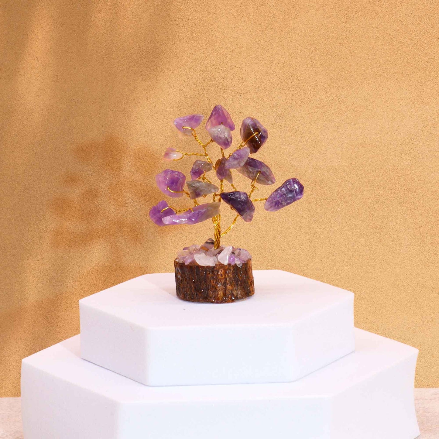 Mini Gemstone Trees On Wood Base - Amethyst (15 stones)