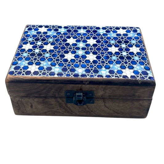 Medium Ceramic Glazed Wood Box - 15x10x6cm - Blue Stars