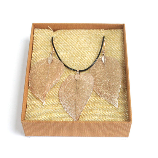 Necklace & Earring Set - Bravery Leaf - Pink Gold