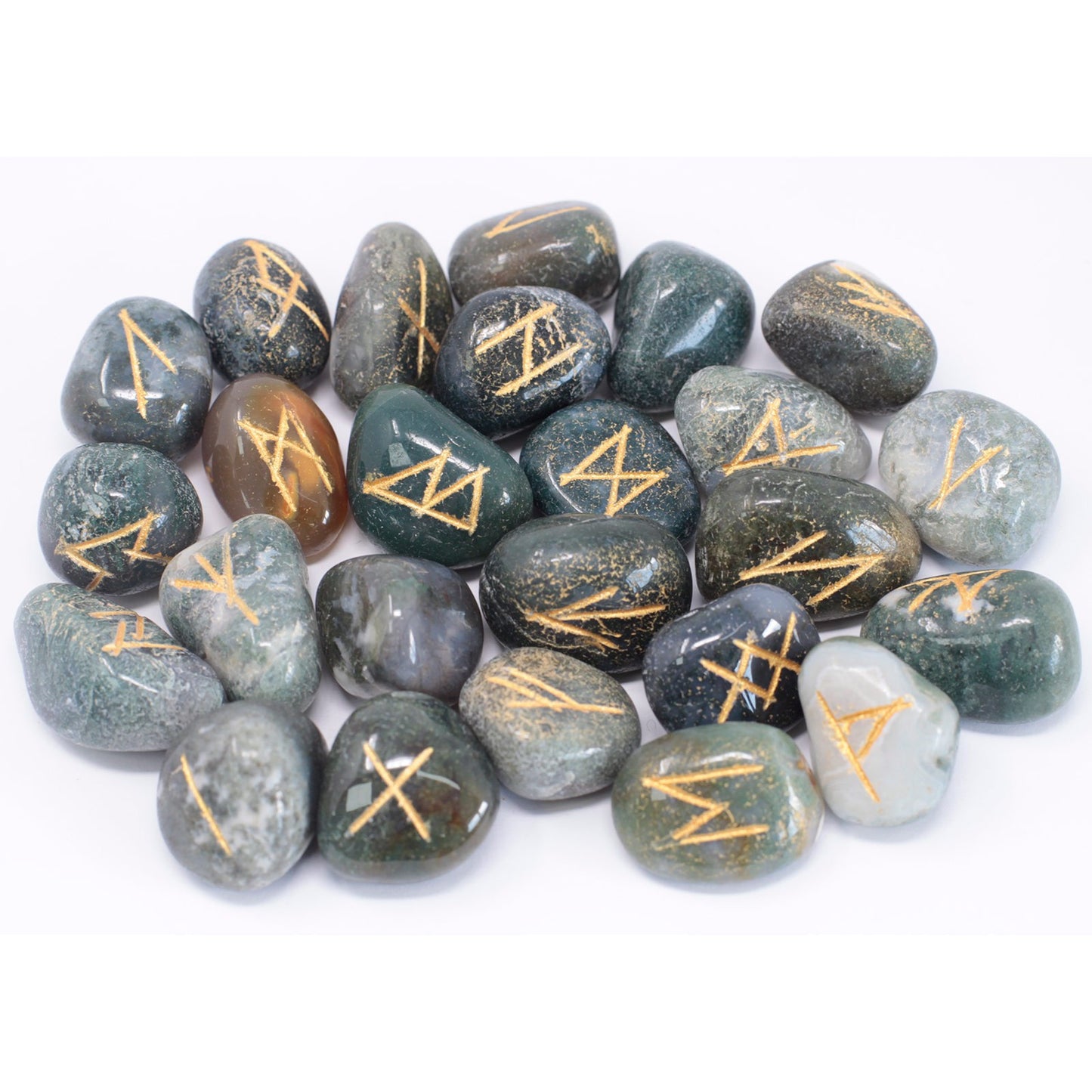 Runes Stone Set in Pouch - Moss Agate