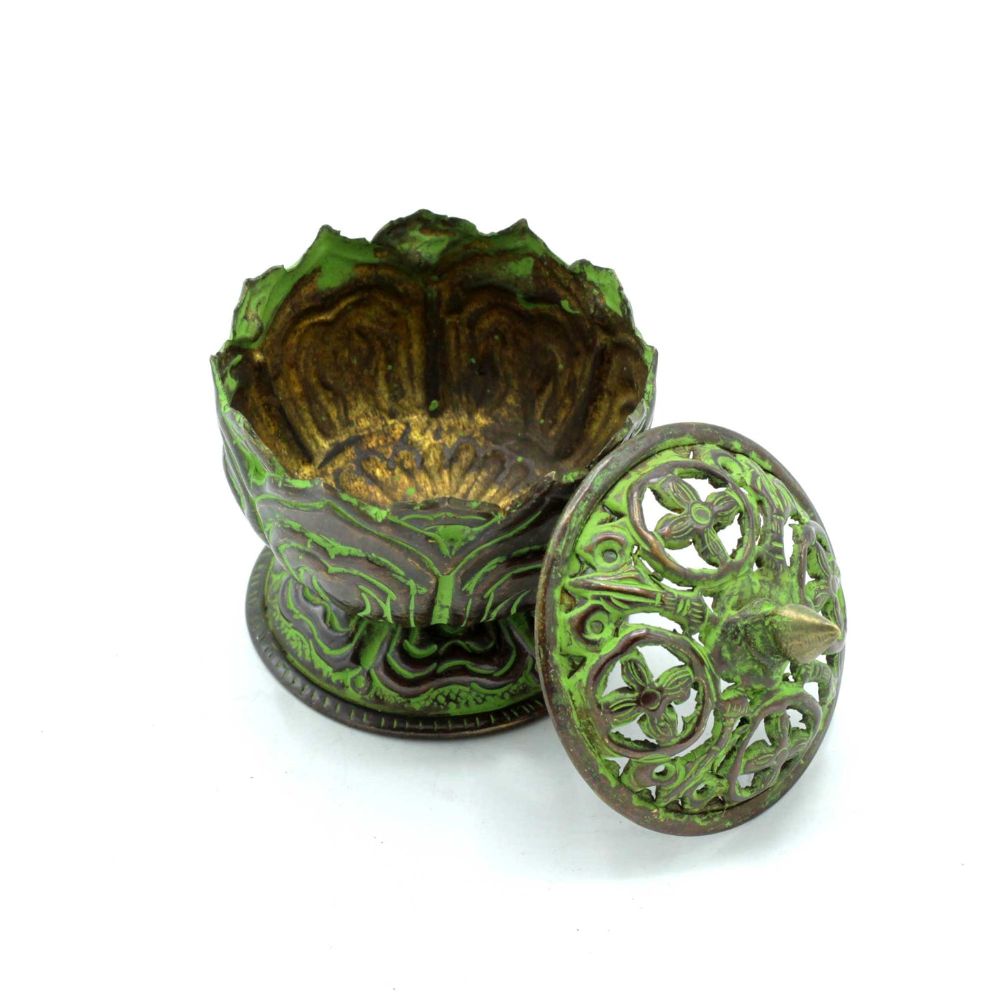 Brass Verdigris Tibetan Incense Burner - Small Lotus