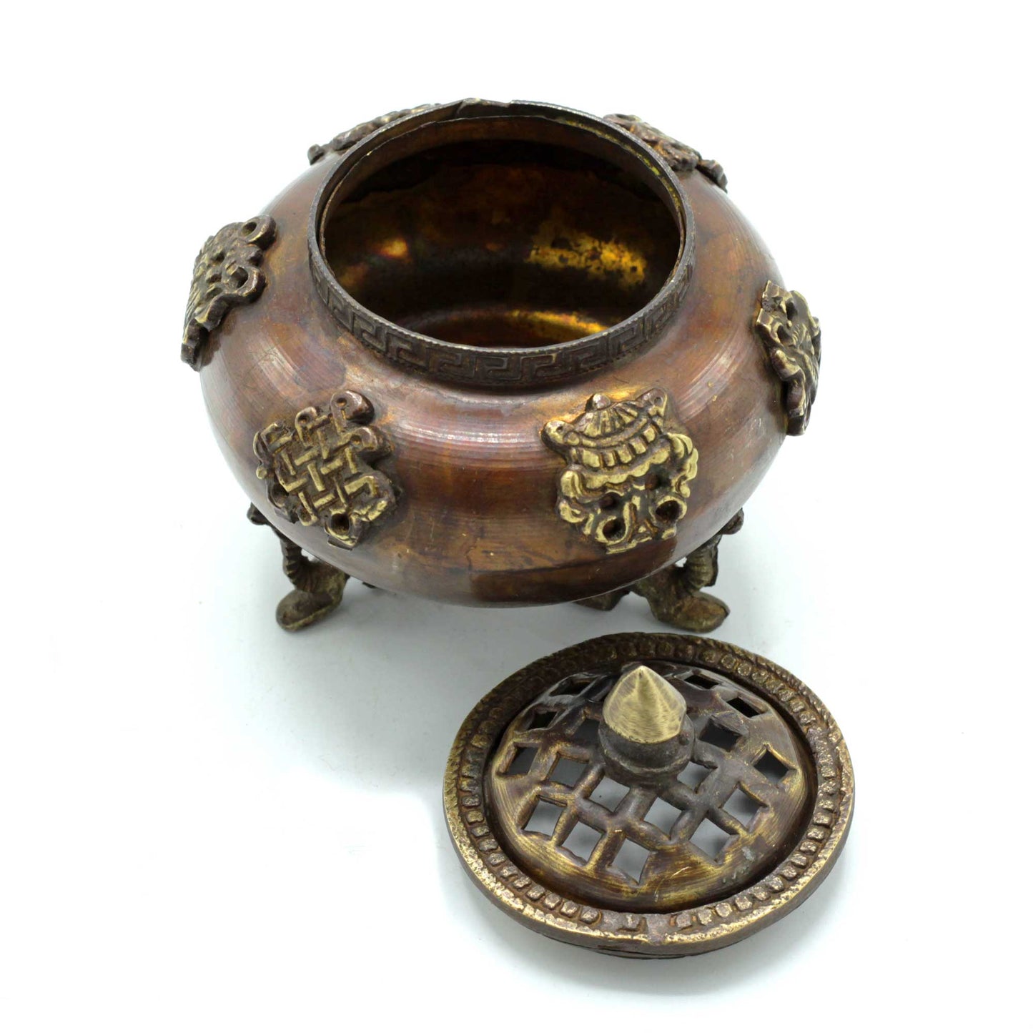 Brass Tibetan Incense Burner - Six Symbols Standing Pot