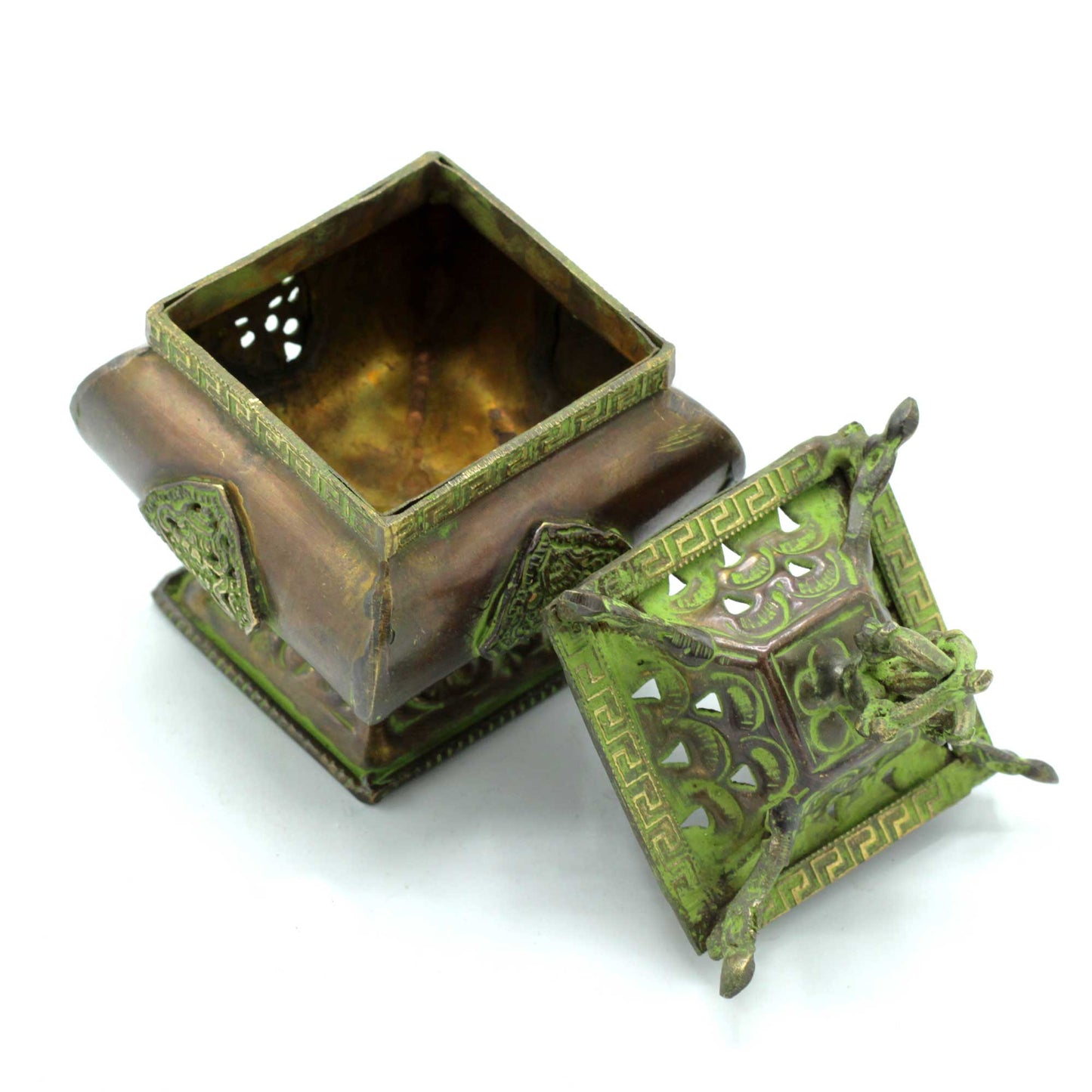 Brass Verdigris Tibetan Burner - Four Symbols Square Standing Pot