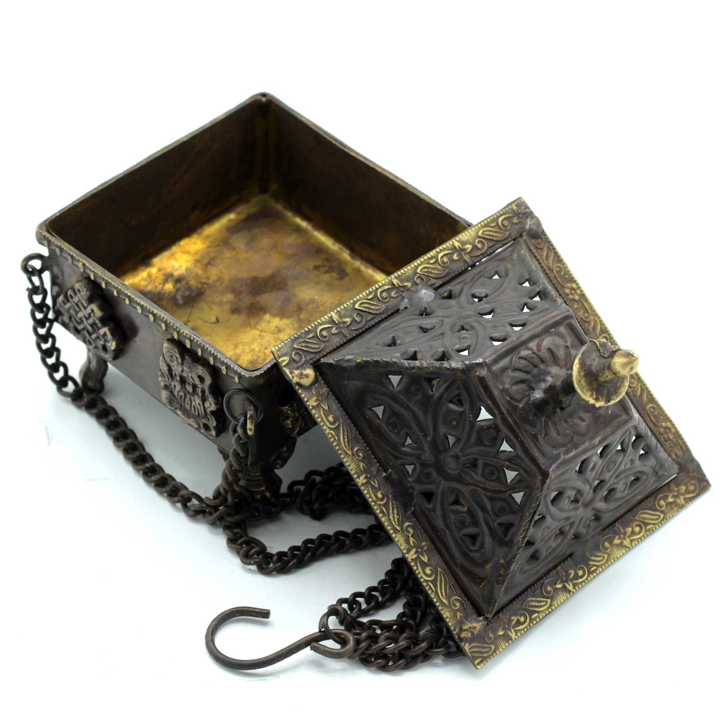 Brass Tibetan Burner - Eight Symbols Square Hanging Pot