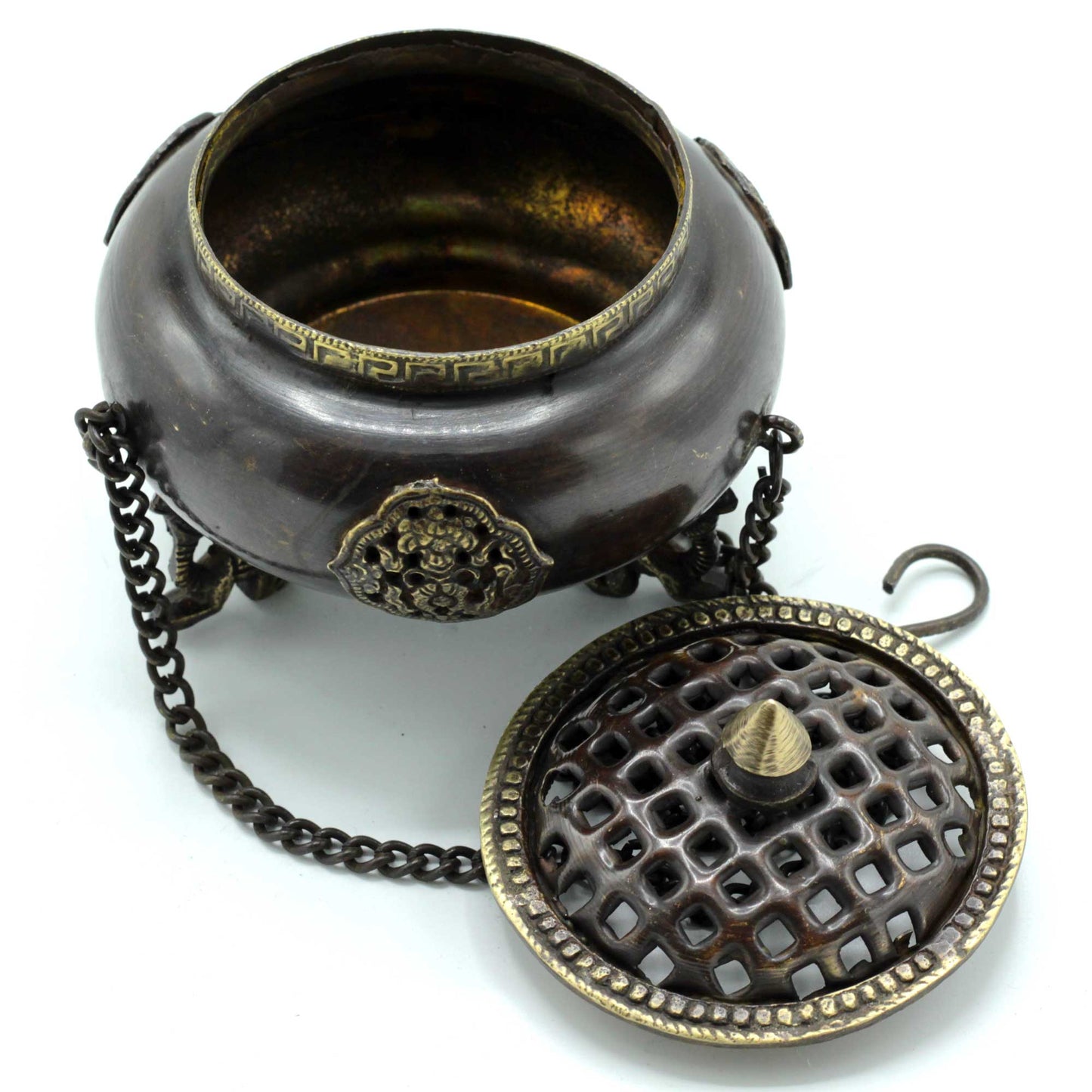 Lrg Brass Tibetan Burner - Four Symbol Hanging Pot