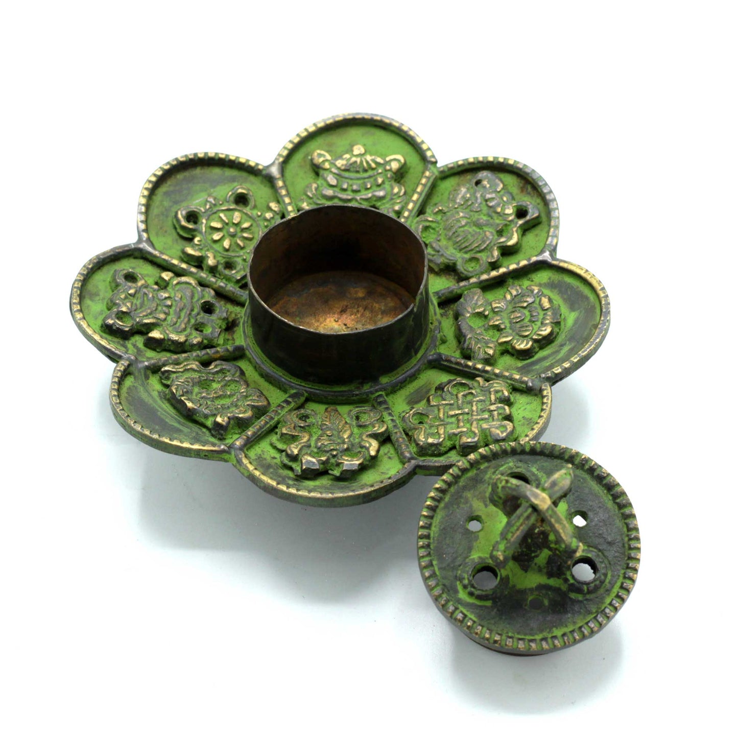 Brass Verdigris Tibetan Cone & Incense Holder - Eight Symbols