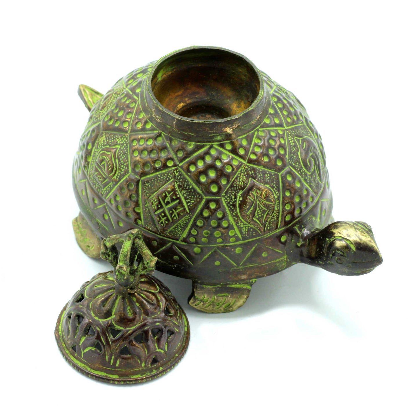 Brass Verdigris Tibetan Turtle Incense Holder - Lrg