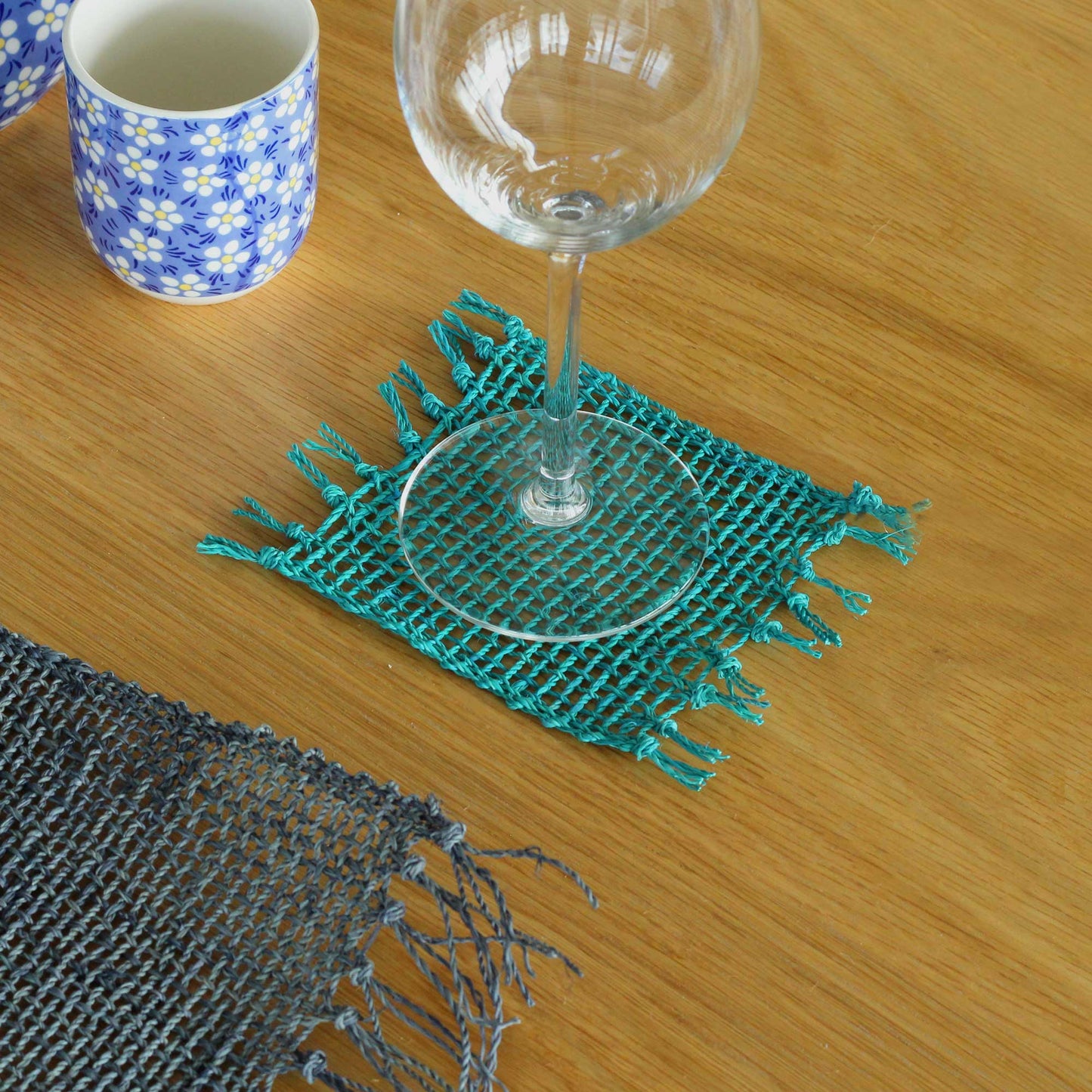 Set of 4 Seagrass Fringe Natural Coaster - Turquoise