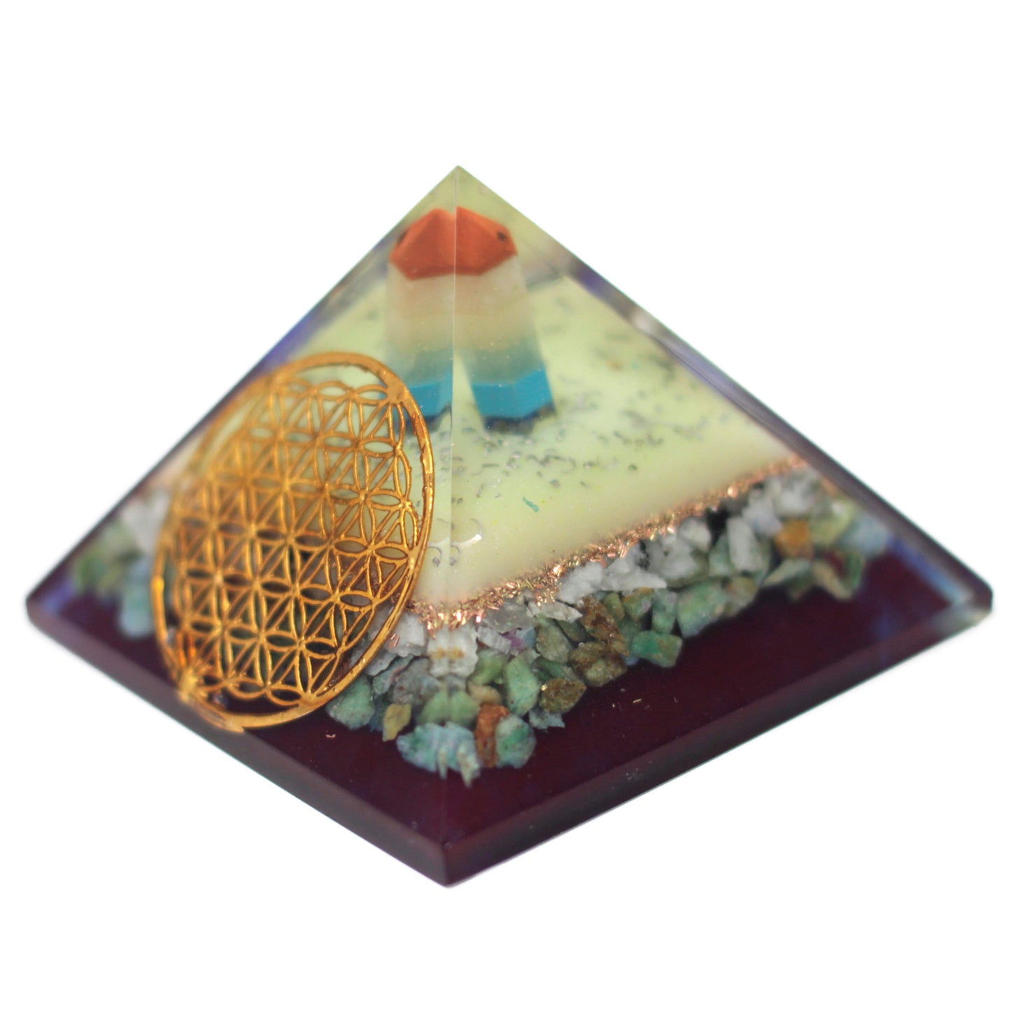 Lrg Organite Pyramid 70mm - Flower of life symbol