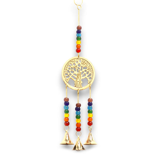 Indian Chimes - Brass Tree of Life with Chakra Beads - 3 Bells - 6.5x31cm