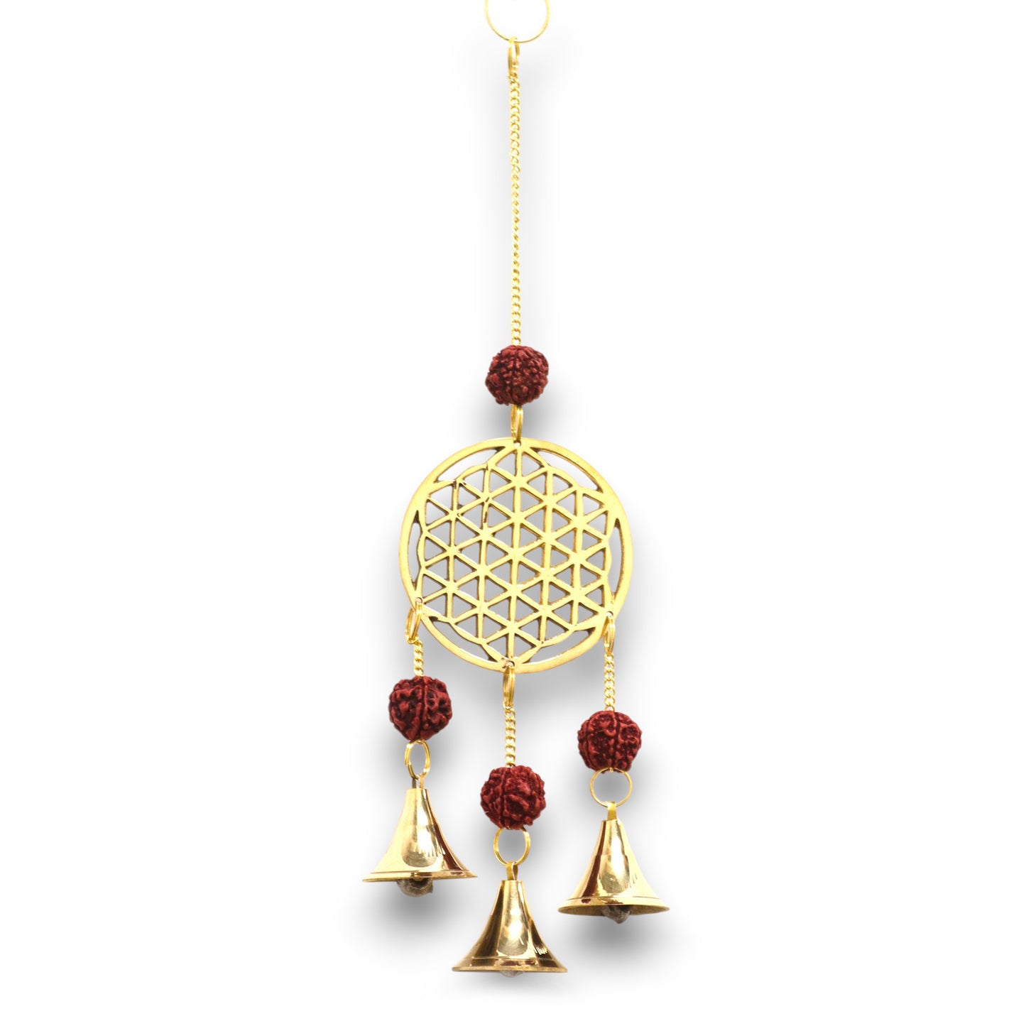 Indian Chimes - Brass Flower of Life with Rudraksha Beads - 3 Bells - 6x27cm