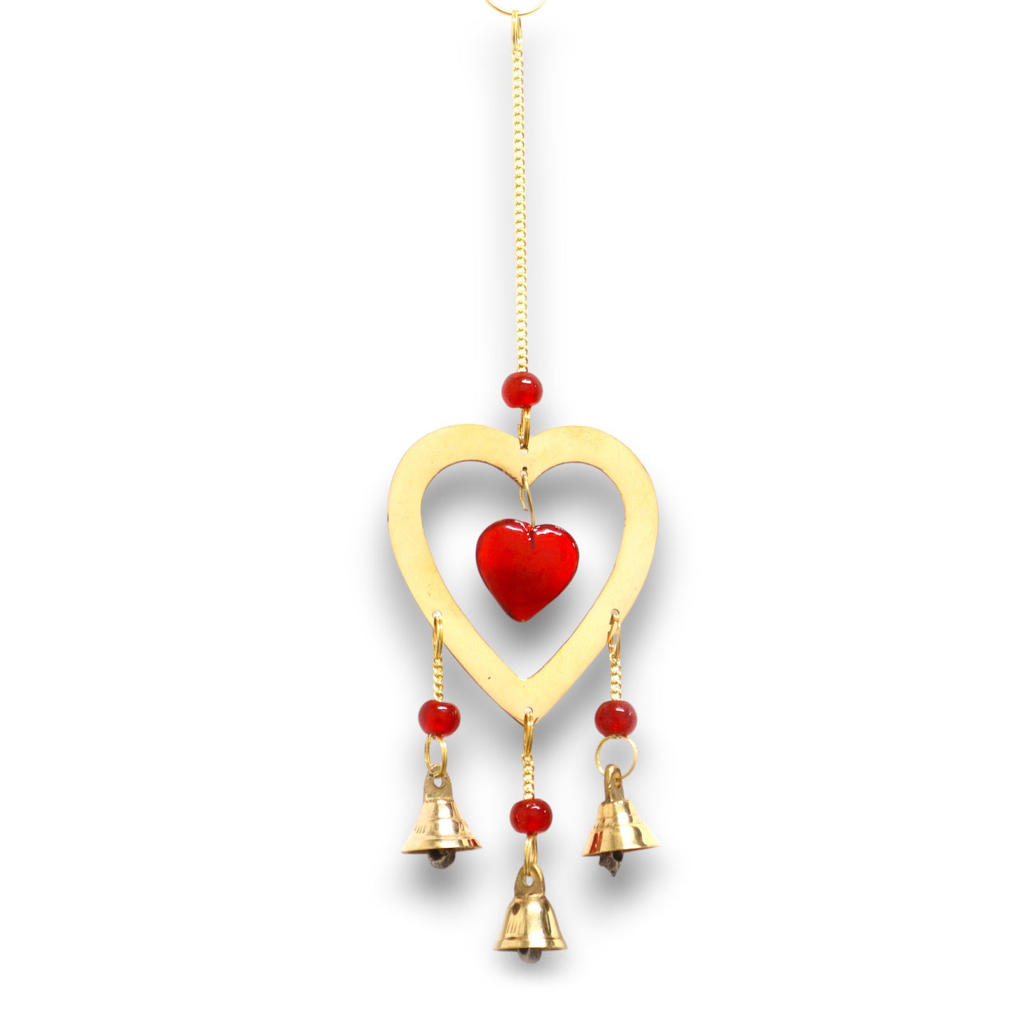 Indian Chimes - Brass With Ruby Glass Heart Beads - 3 Bells - 6.5x24cm