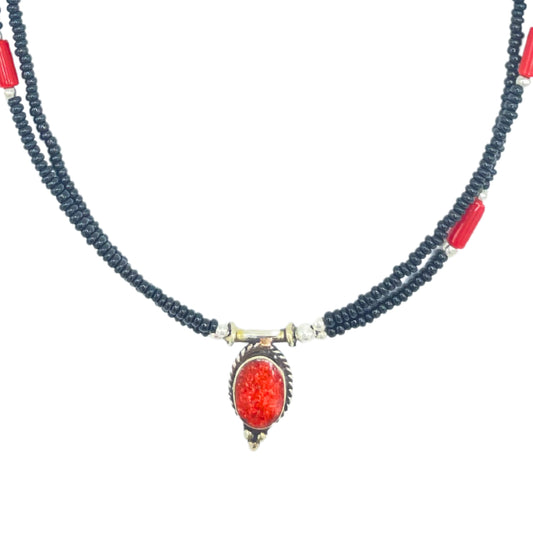 Nepalese Extra Fine Two Line Necklace - Black & Coral Pendant