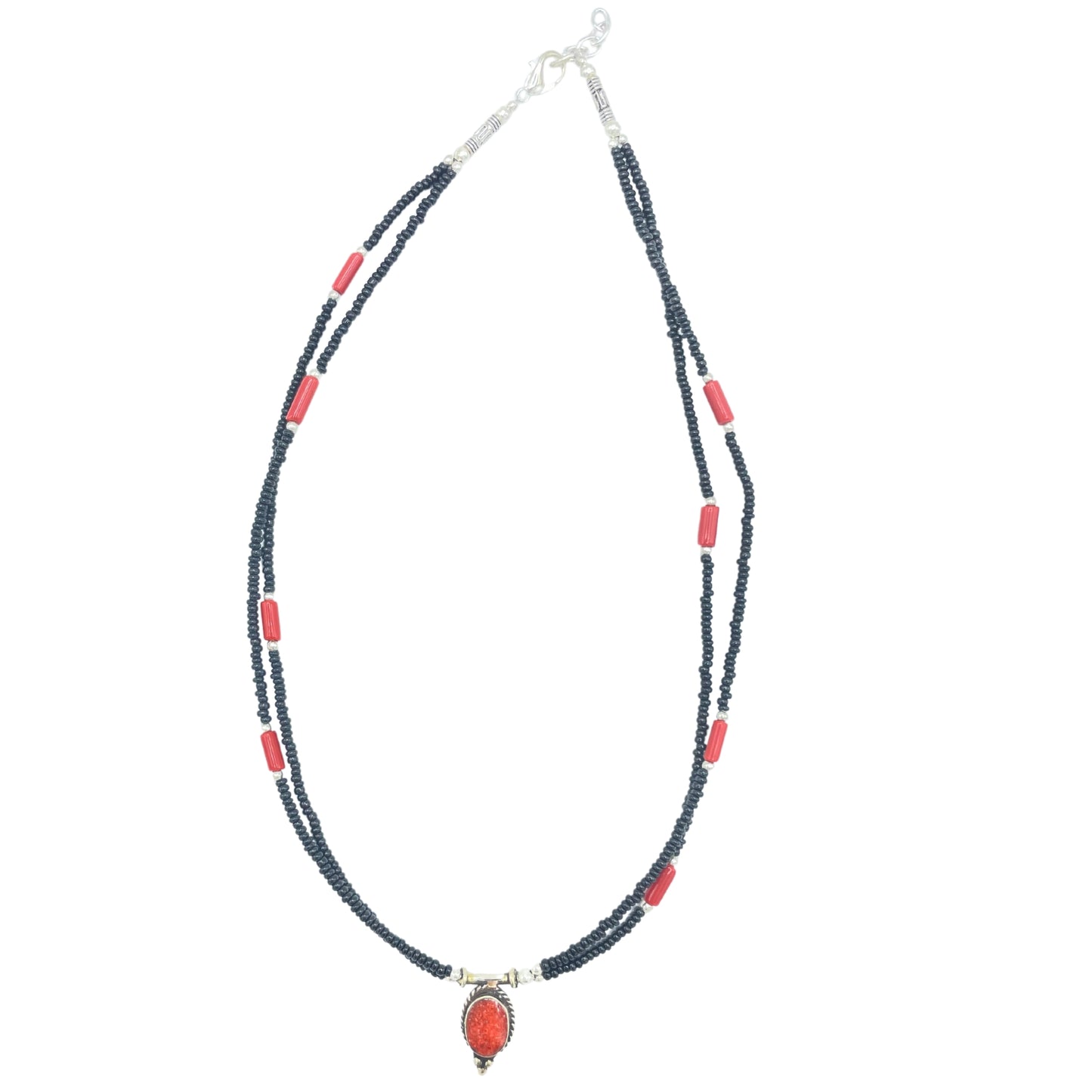 Nepalese Extra Fine Two Line Necklace - Black & Coral Pendant