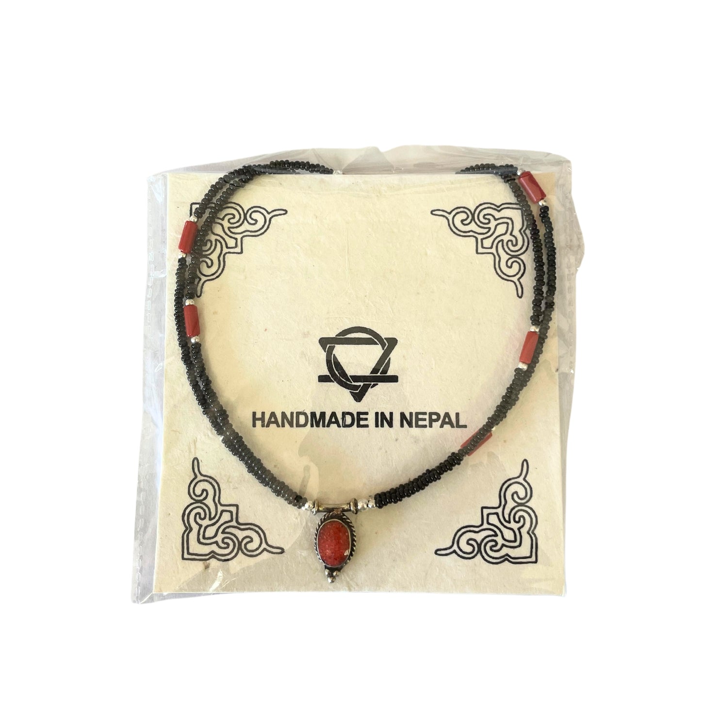 Nepalese Extra Fine Two Line Necklace - Black & Coral Pendant