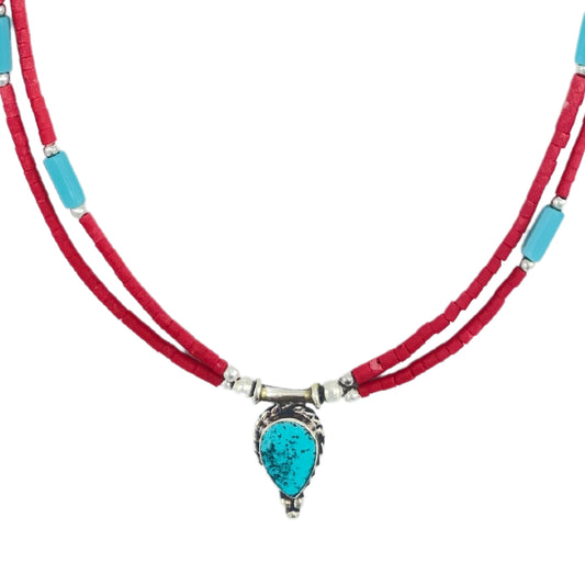 Nepalese Extra Fine Two Line Necklace - Pink & Turquoise Pendant