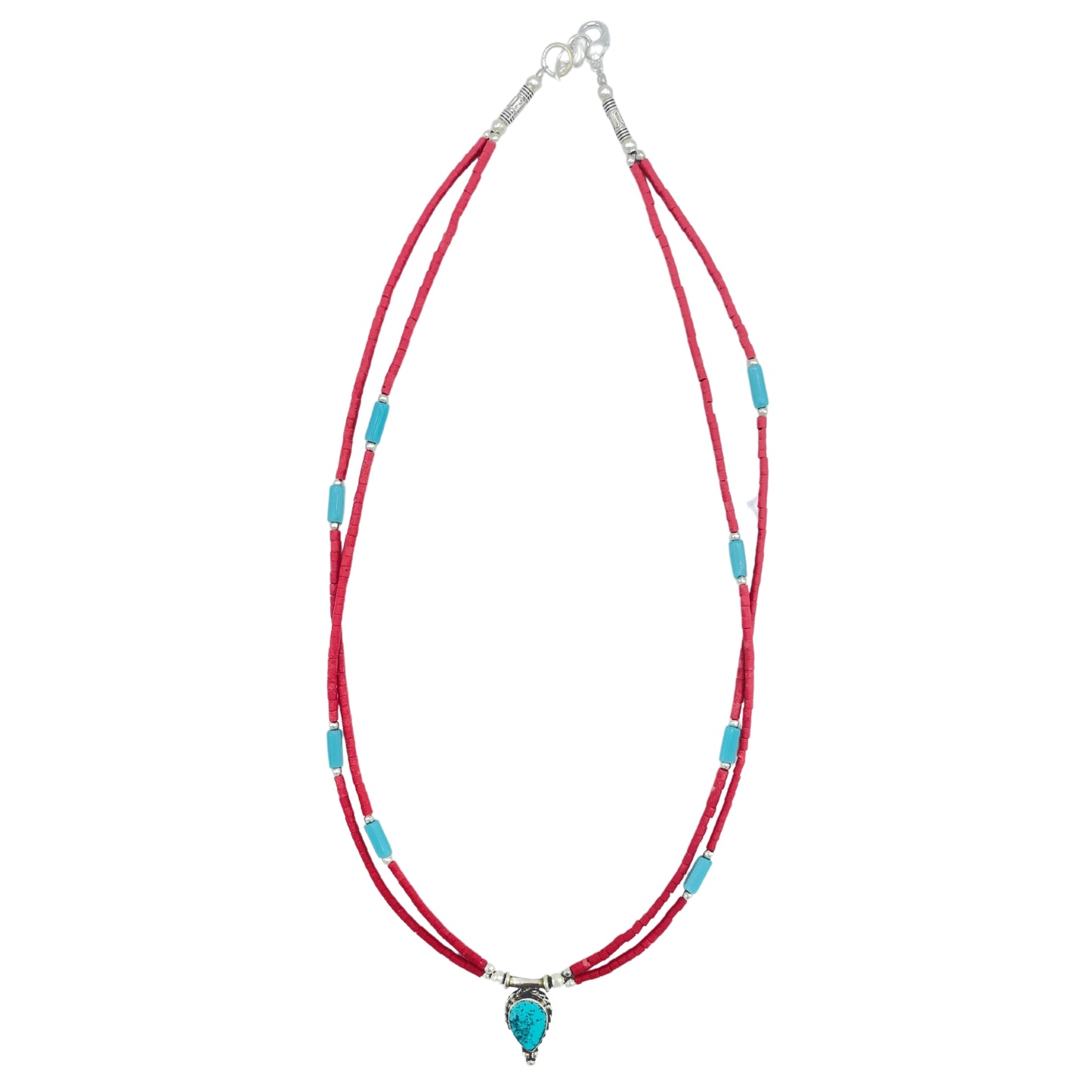 Nepalese Extra Fine Two Line Necklace - Pink & Turquoise Pendant