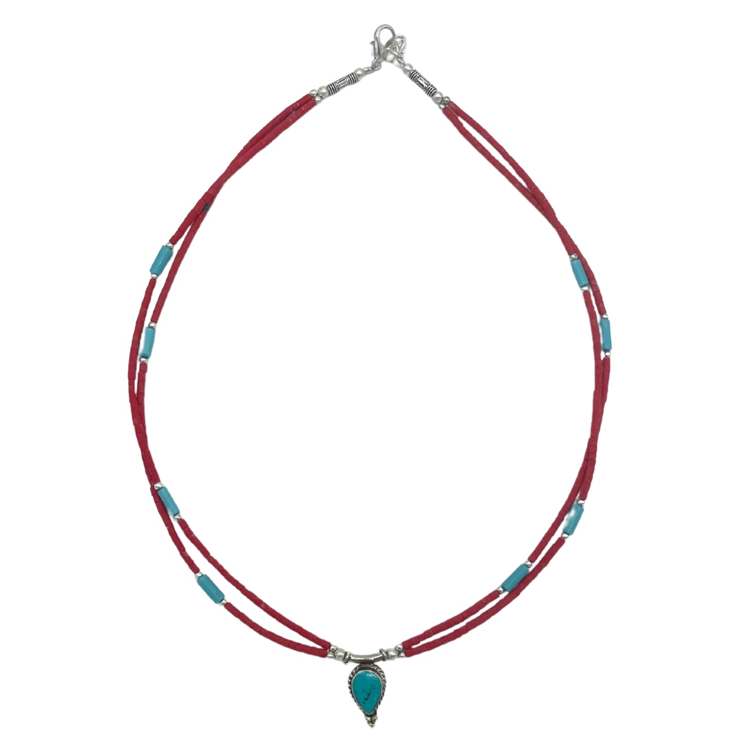 Nepalese Extra Fine Two Line Necklace - Pink & Turquoise Pendant