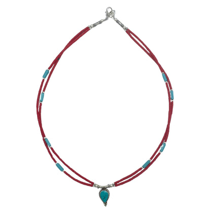 Nepalese Extra Fine Two Line Necklace - Pink & Turquoise Pendant
