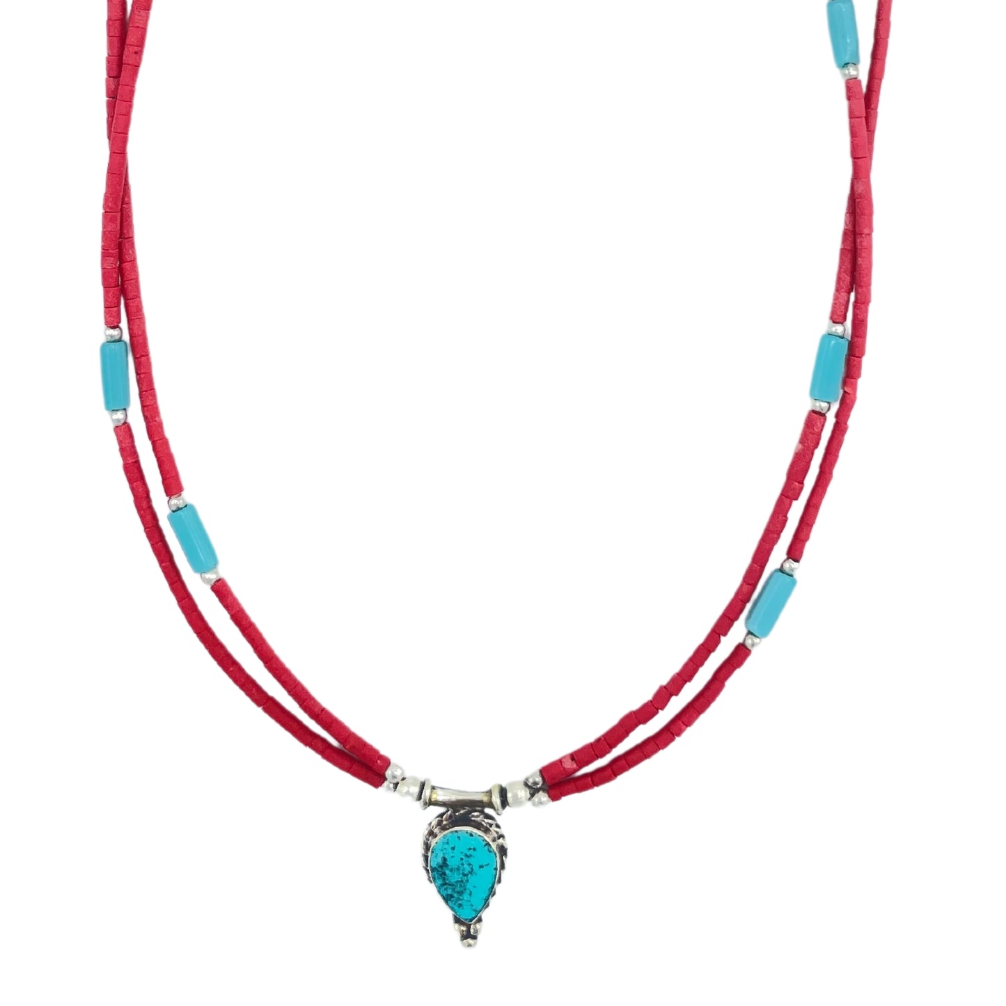 Nepalese Extra Fine Two Line Necklace - Pink & Turquoise Pendant