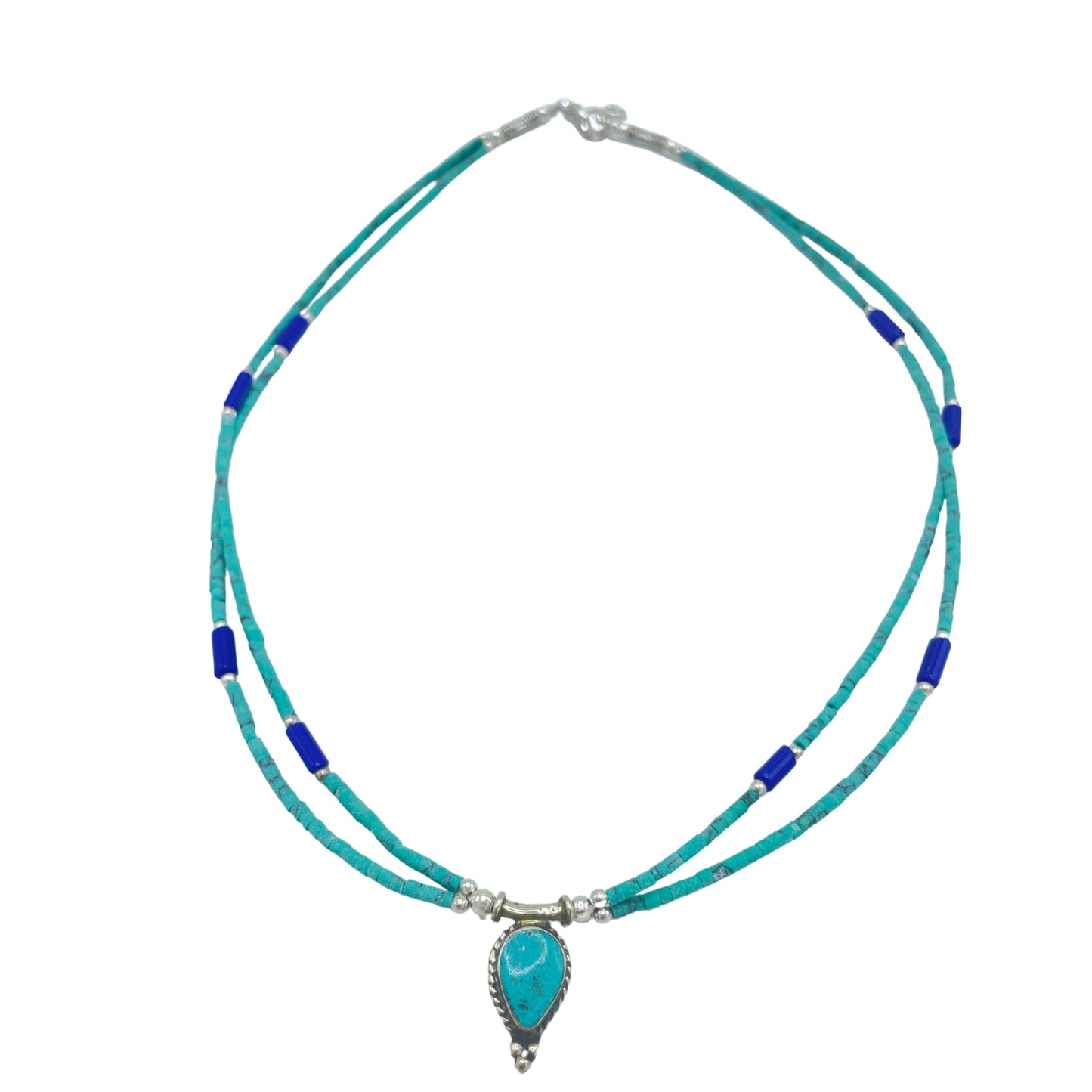 Nepalese Extra Fine Two Line Necklace - Lapis & Malachite Pendant