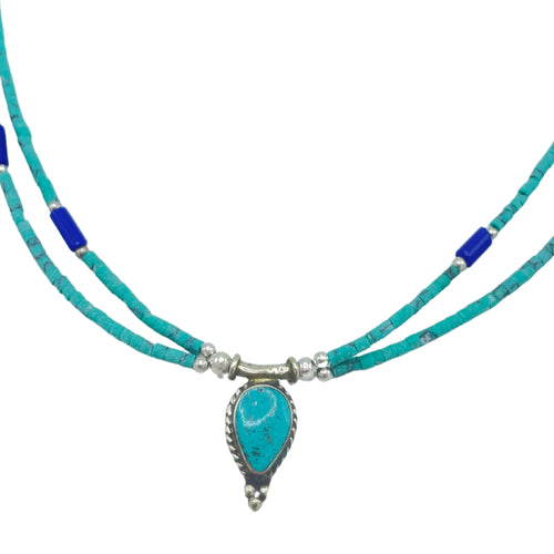 Nepalese Extra Fine Two Line Necklace - Lapis & Malachite Pendant