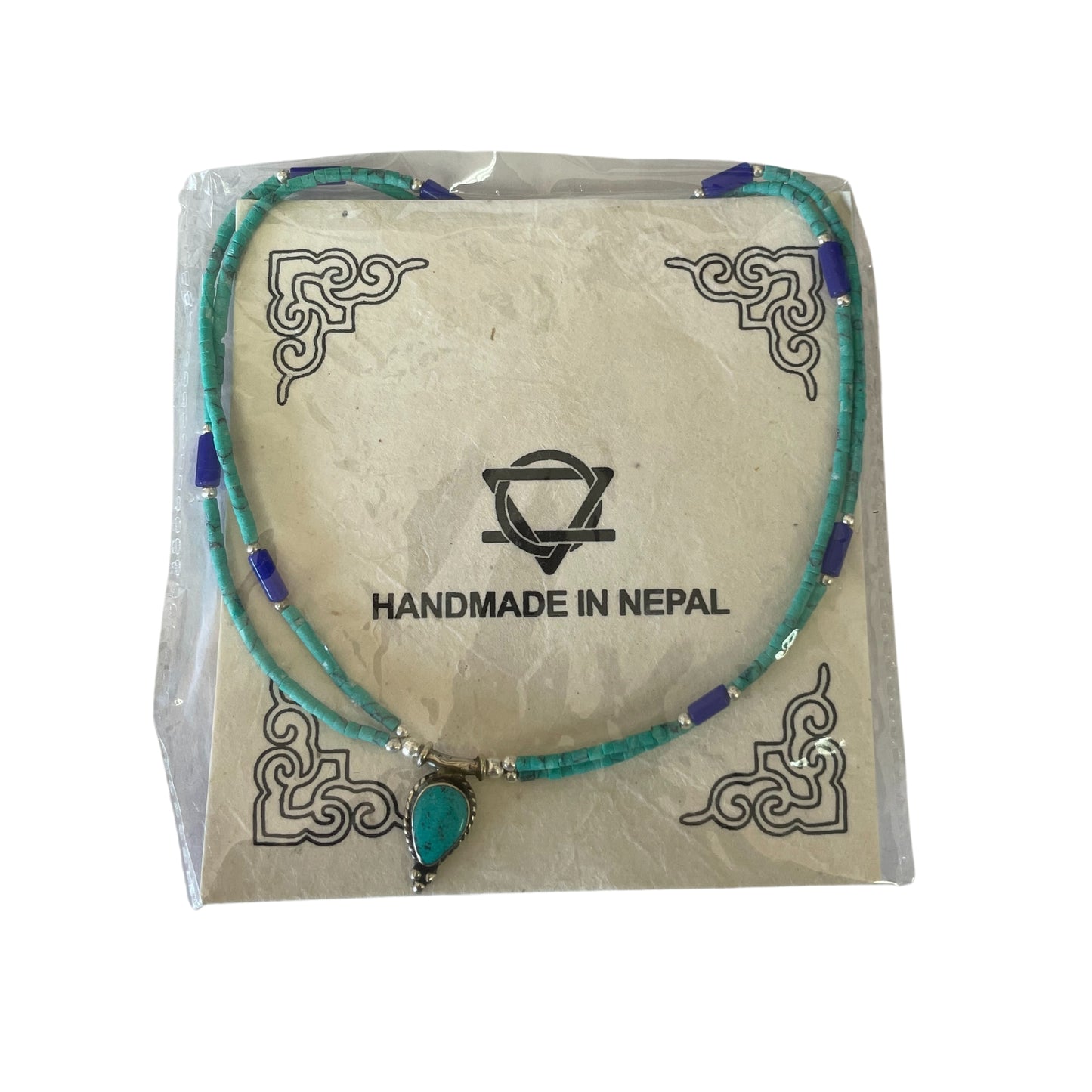 Nepalese Extra Fine Two Line Necklace - Lapis & Malachite Pendant