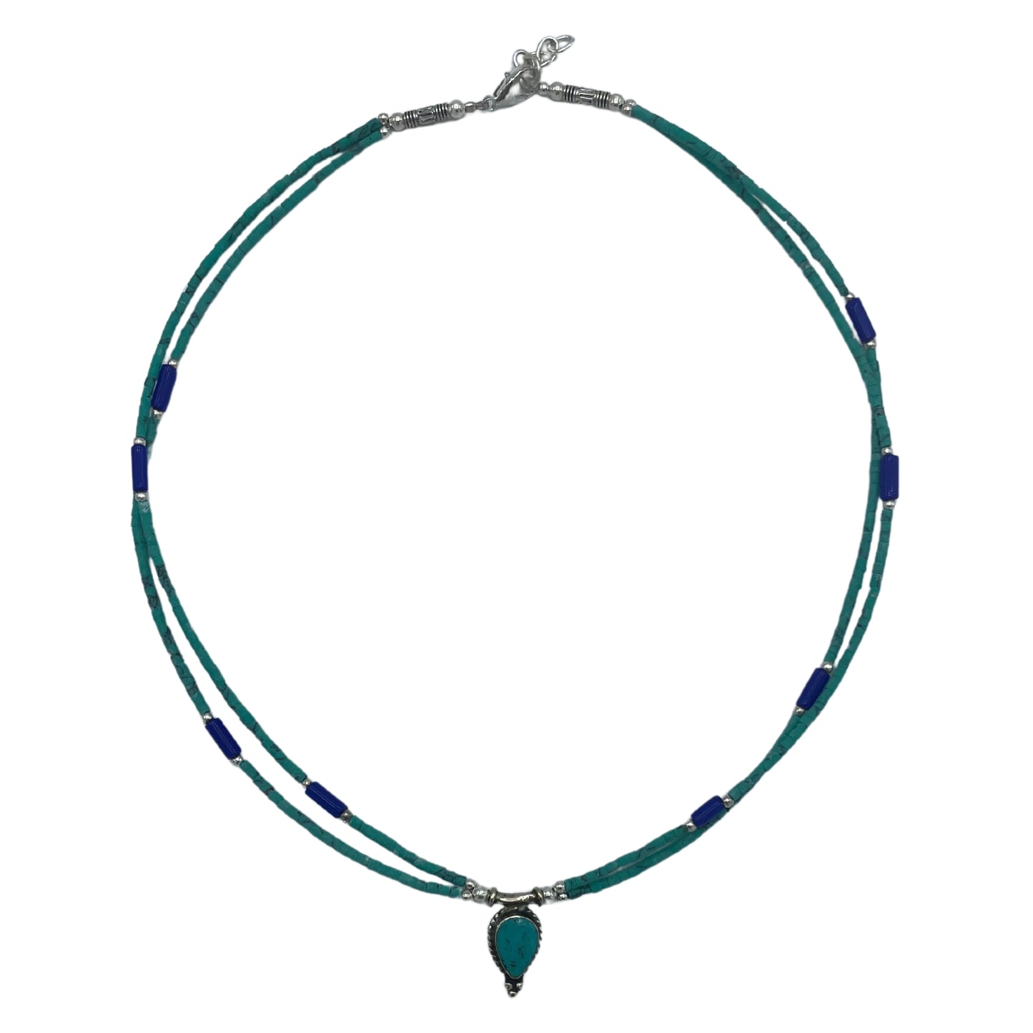 Nepalese Extra Fine Two Line Necklace - Lapis & Malachite Pendant