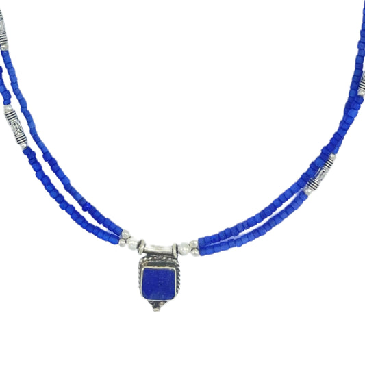 Nepalese Extra Fine Two Line Necklace - Blue Onyx & Lapis Pendant