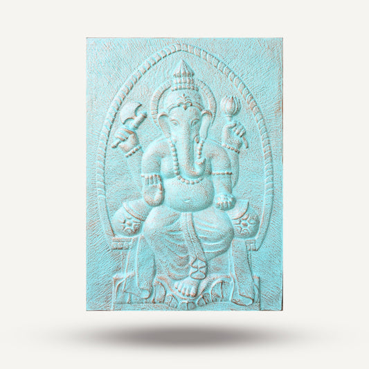 Large Ganpati Iron Frame Turquoise Relief - 0.7x1m