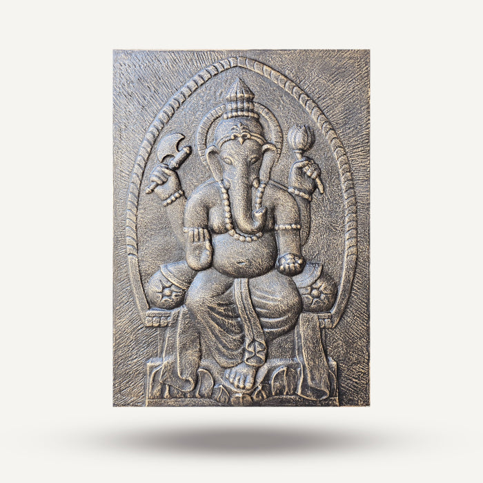 Grand Iron Frame Ganpati Relief in Antique Gold - 0.7x1m