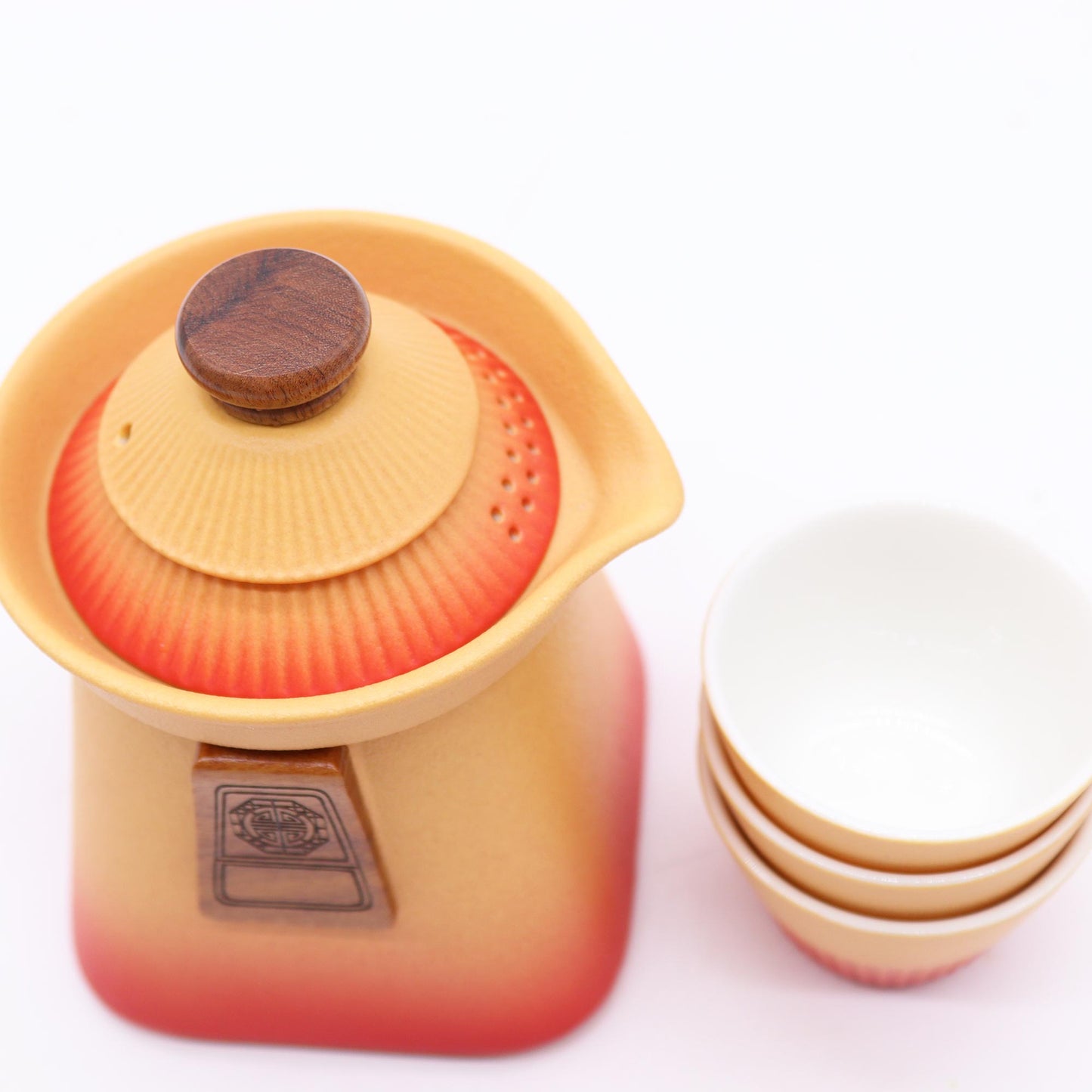 Temple Teapot Set & Three Cups - Orange Earth