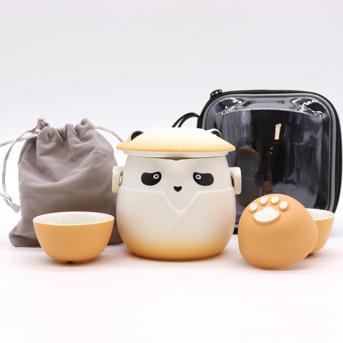 Panda Teapot Set & Three Cups - Orange