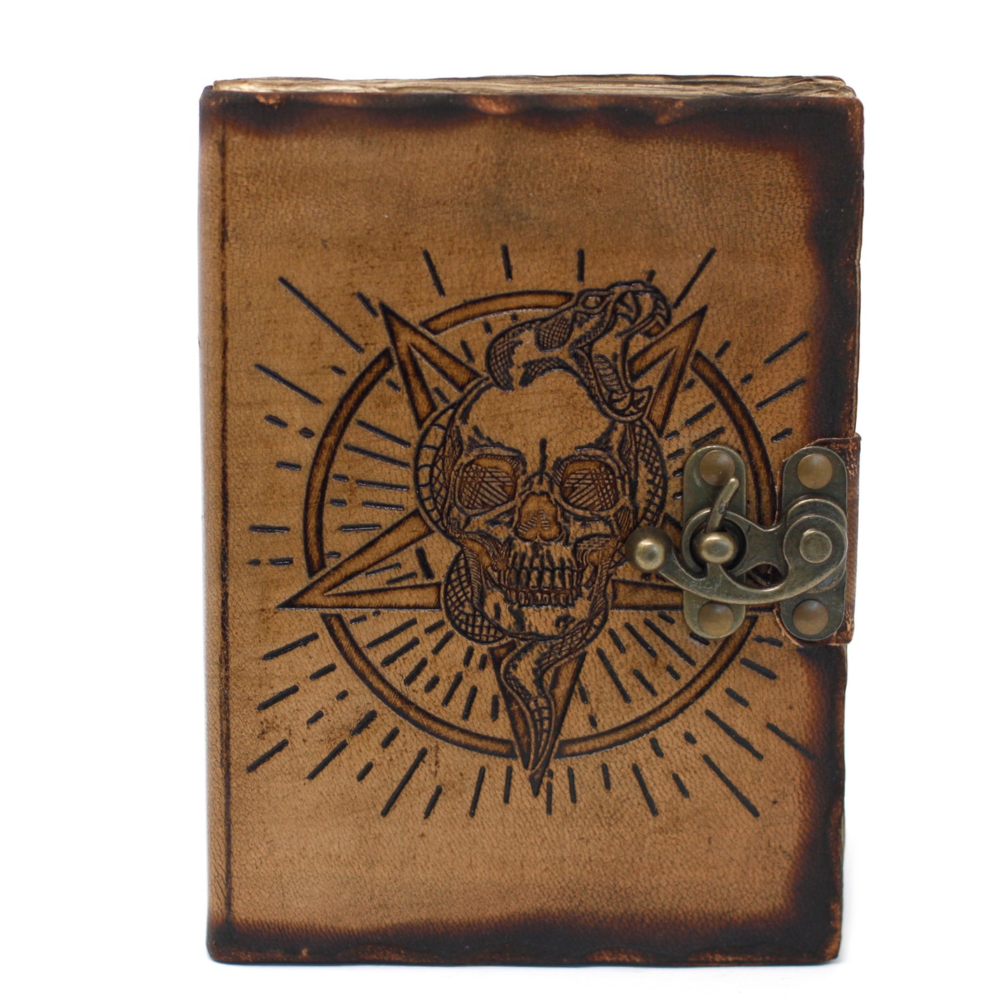 Leather Pentagon & Skull with Burns Detail Notebook (160 Pages)