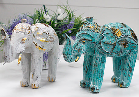 Wood Carved Elephant - Turquois Gold