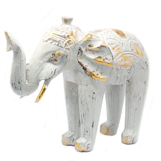 Wood Carved Elephant - White Gold