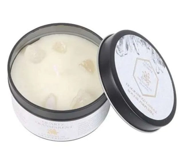 Fresh Linen Tin Candle with Clear Quartz Crystals - 8cm